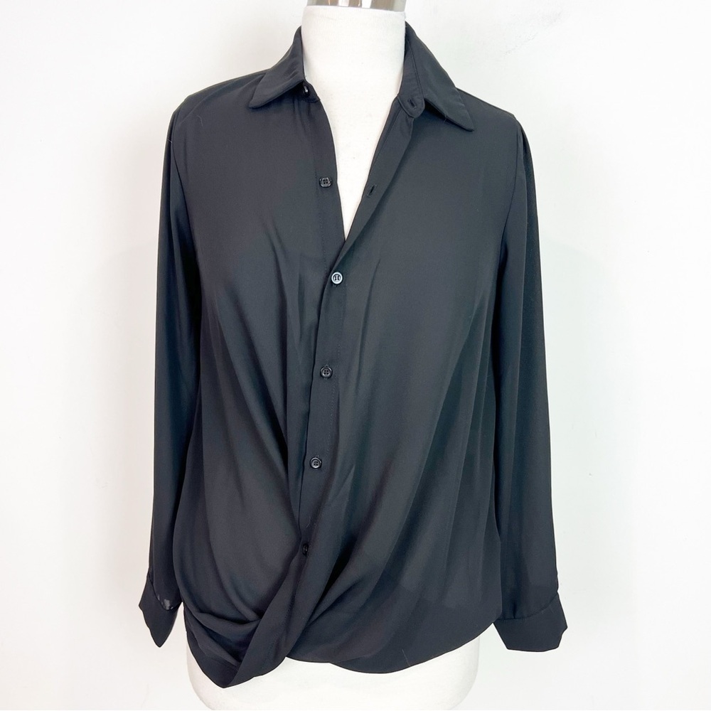 KRISA BLACK BUTTON FRONT LONG SLEEVE BLOUSE WITH TWIST HEM WOMENS XS NWT